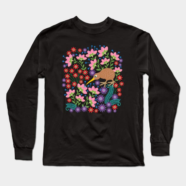 OKARITO KIWI BIRD New Zealand Cute Flightless Birdy Wildlife Nature Comeback Species with Bug and Flowers in Bright Multi-Colours - UnBlink Studio by Jackie Tahara Long Sleeve T-Shirt by UnBlink Studio by Jackie Tahara